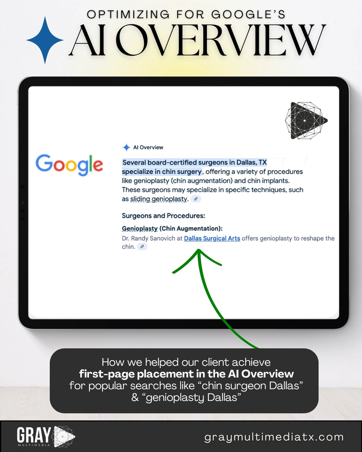 Google AI Overview showing top placement for chin surgery terms